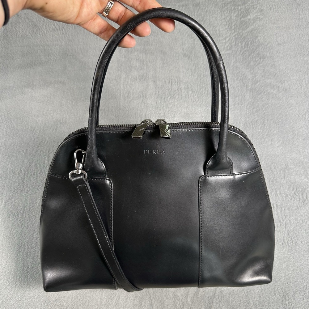 Furla Black Leather Dome Satchel Top Handle Bag Italy Crossbody Authentic